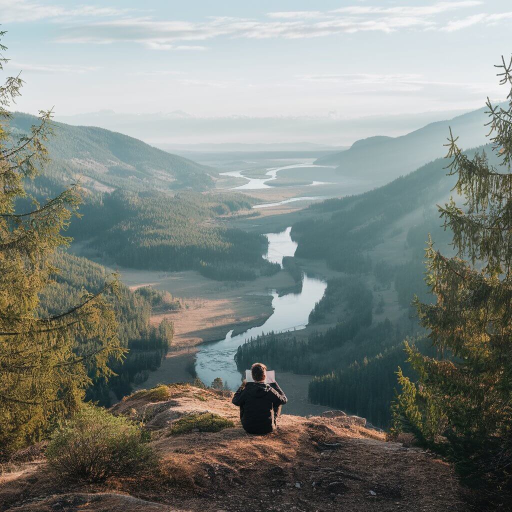 Panoramiczny widok z lotu ptaka na malowniczy krajobraz z górami, lasami i rzeką, z osobą siedzącą na wzgórzu, trzymającą mapę lub dziennik, patrzącą w dal. Scena emanuje spokojem, harmonią i refleksją